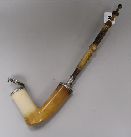 A Victorian white metal mounted horn and meerschaum pipe, length 48cm